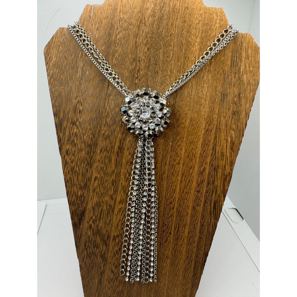 Silver Tone Rhinestone Medallion Tassel Multi Strand Statement Necklace